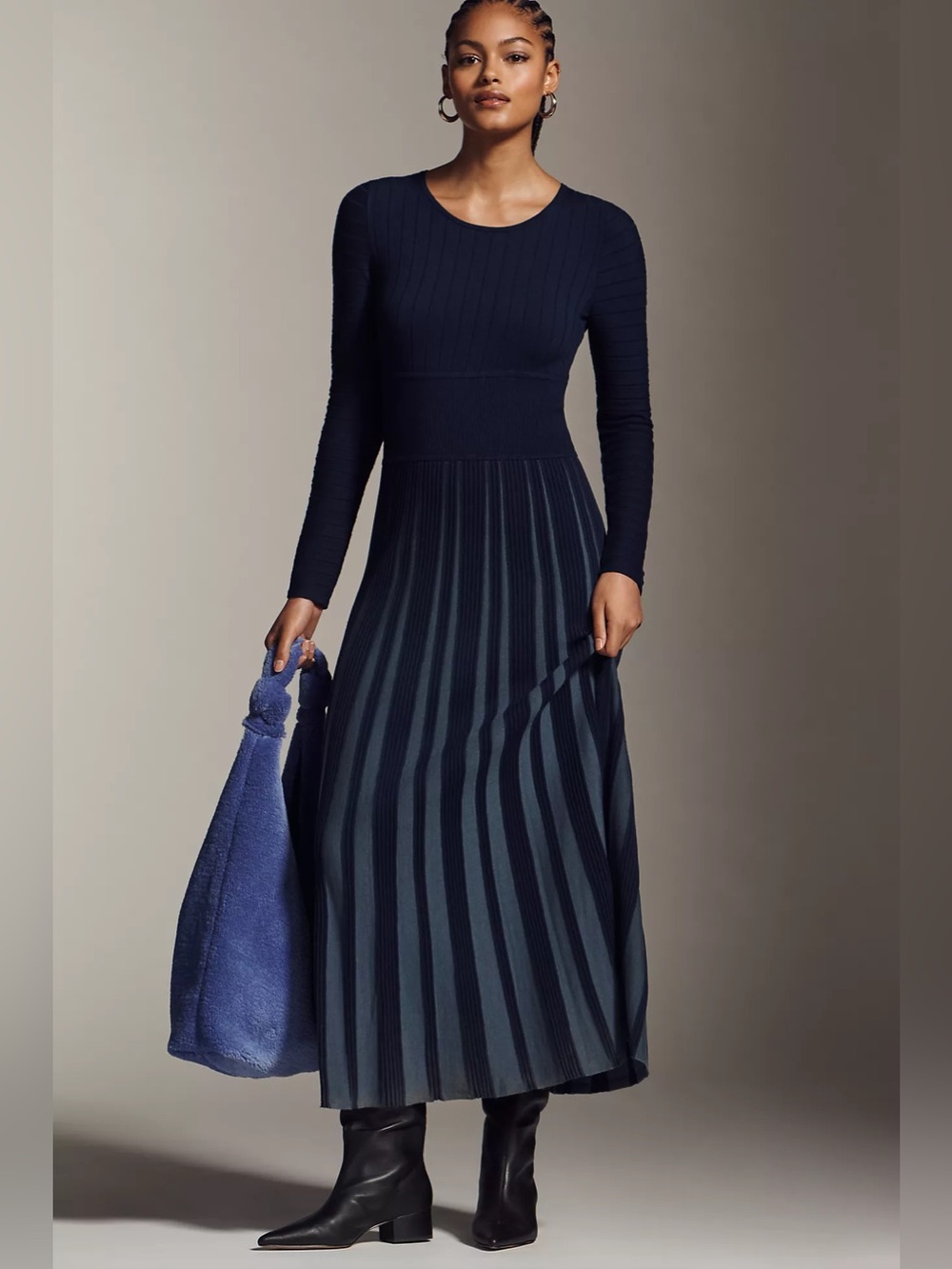 Mare Mare x Anthropologie Long-Sleeve Slim Knit Maxi Dress in Blue XXS NWT